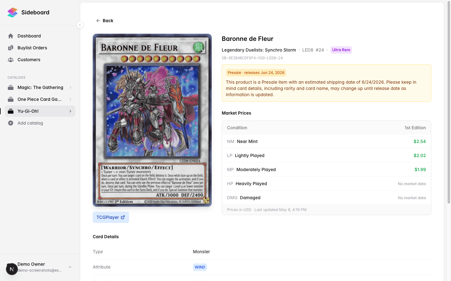 Card detail page showing the amber presale block with the disclaimer note