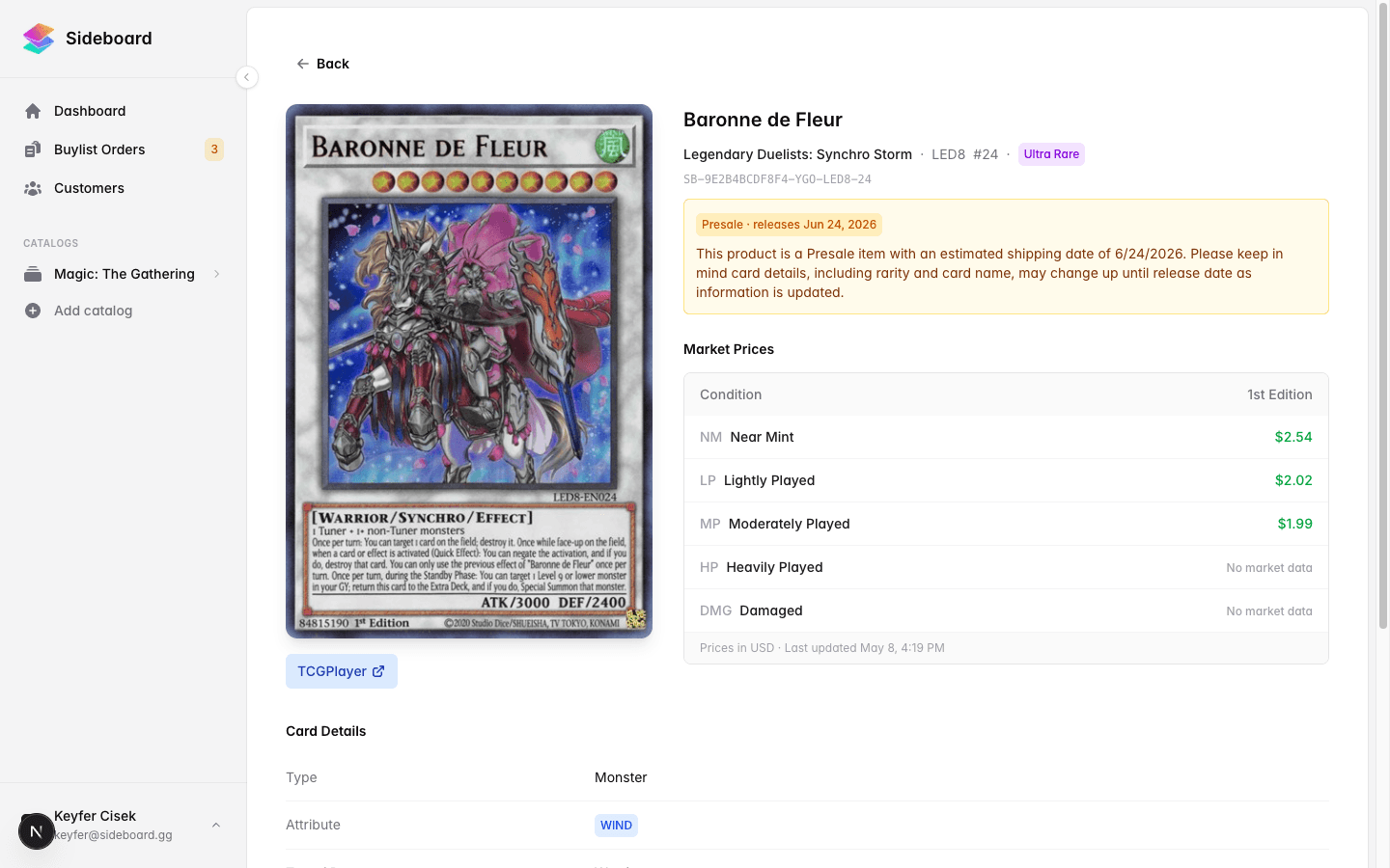 Card detail page showing the amber presale block with the disclaimer note