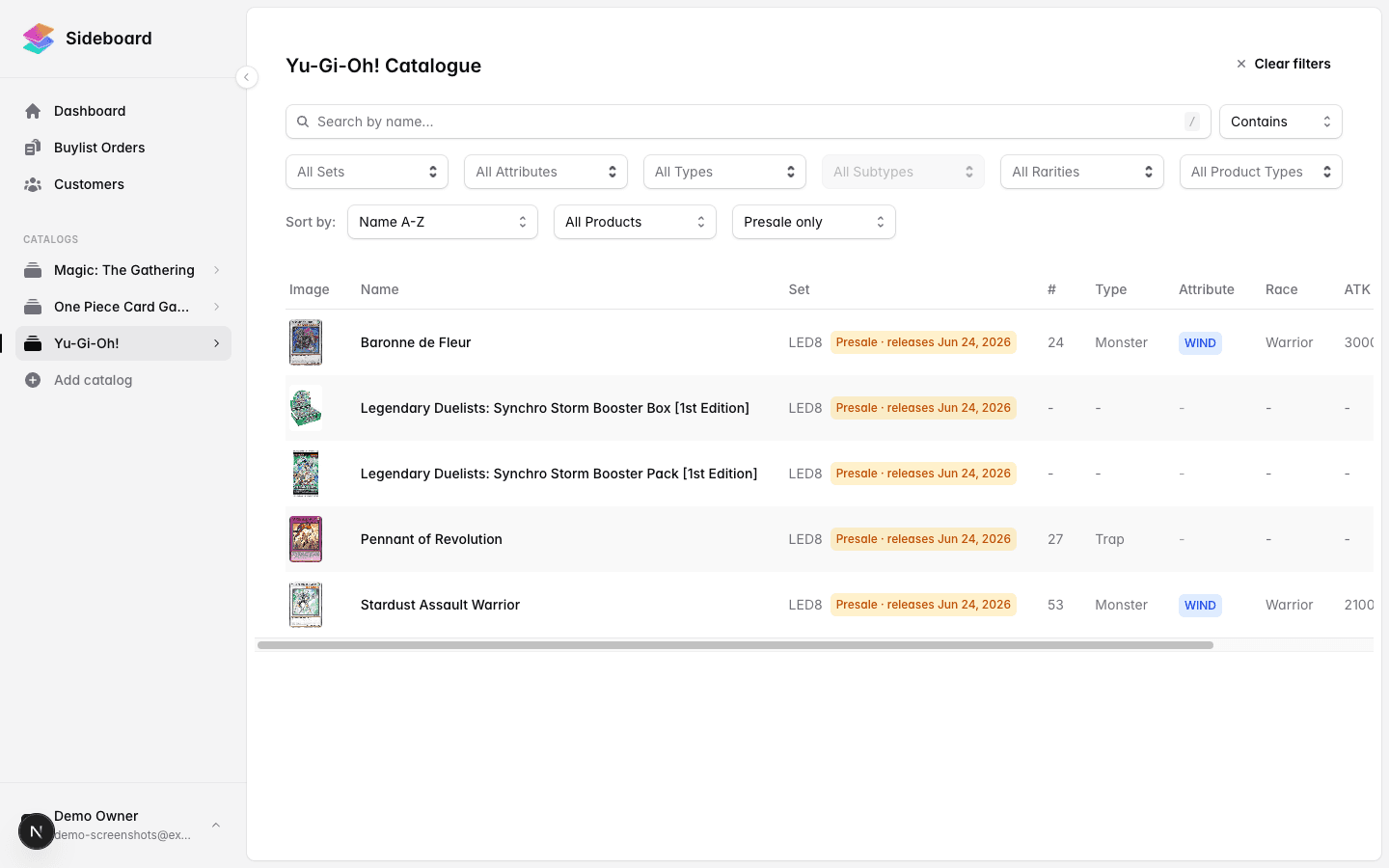 Catalog filtered to presale-only