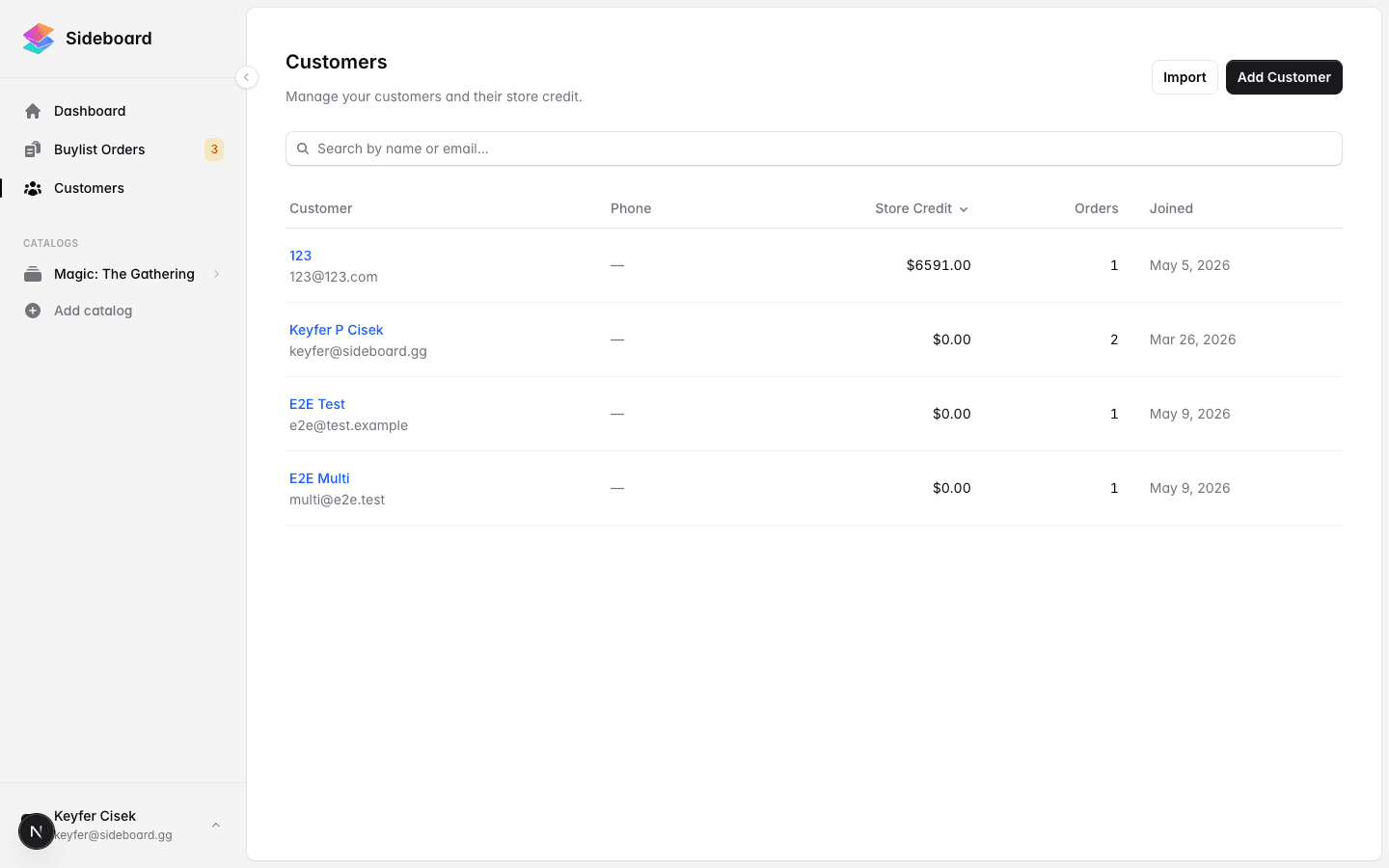 Customers list view