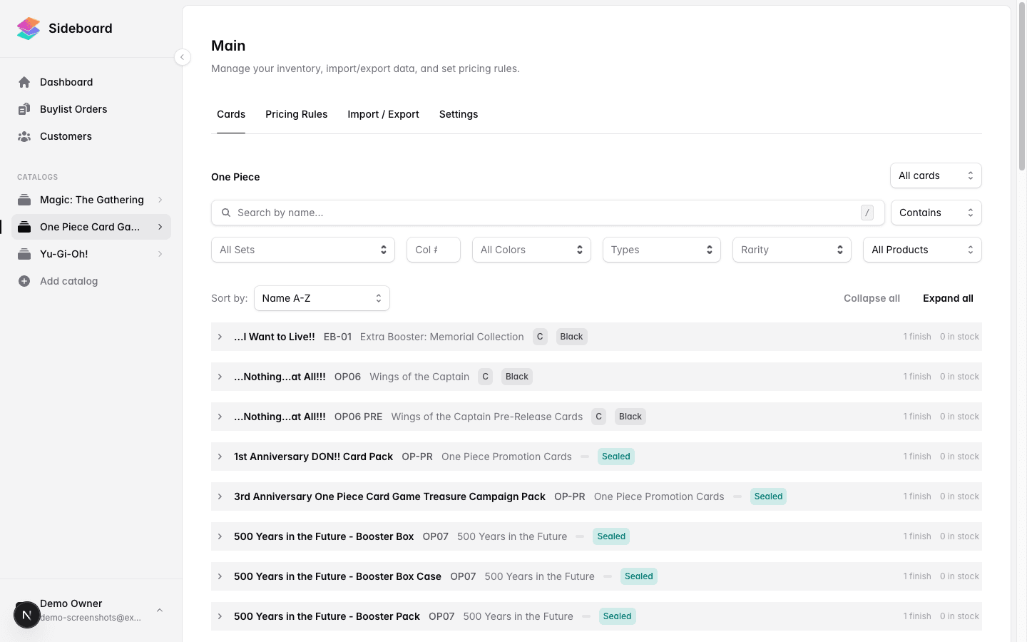 Inventory list view