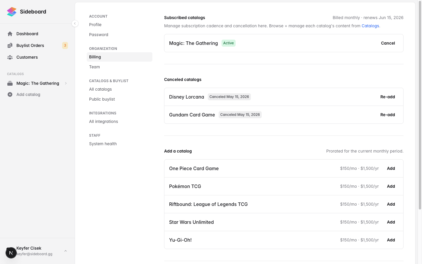 Billing settings page