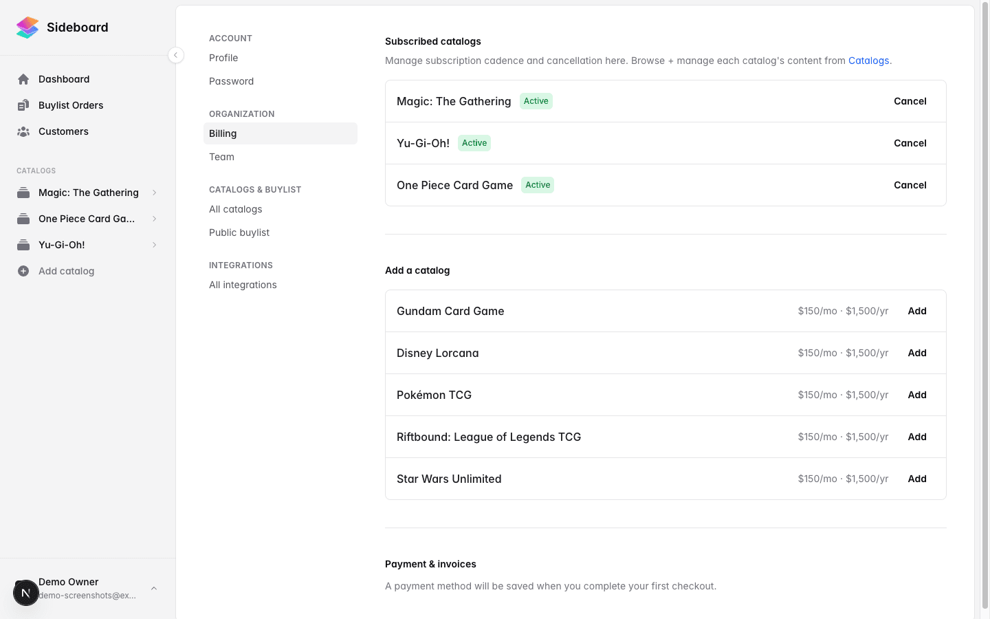 Billing settings page