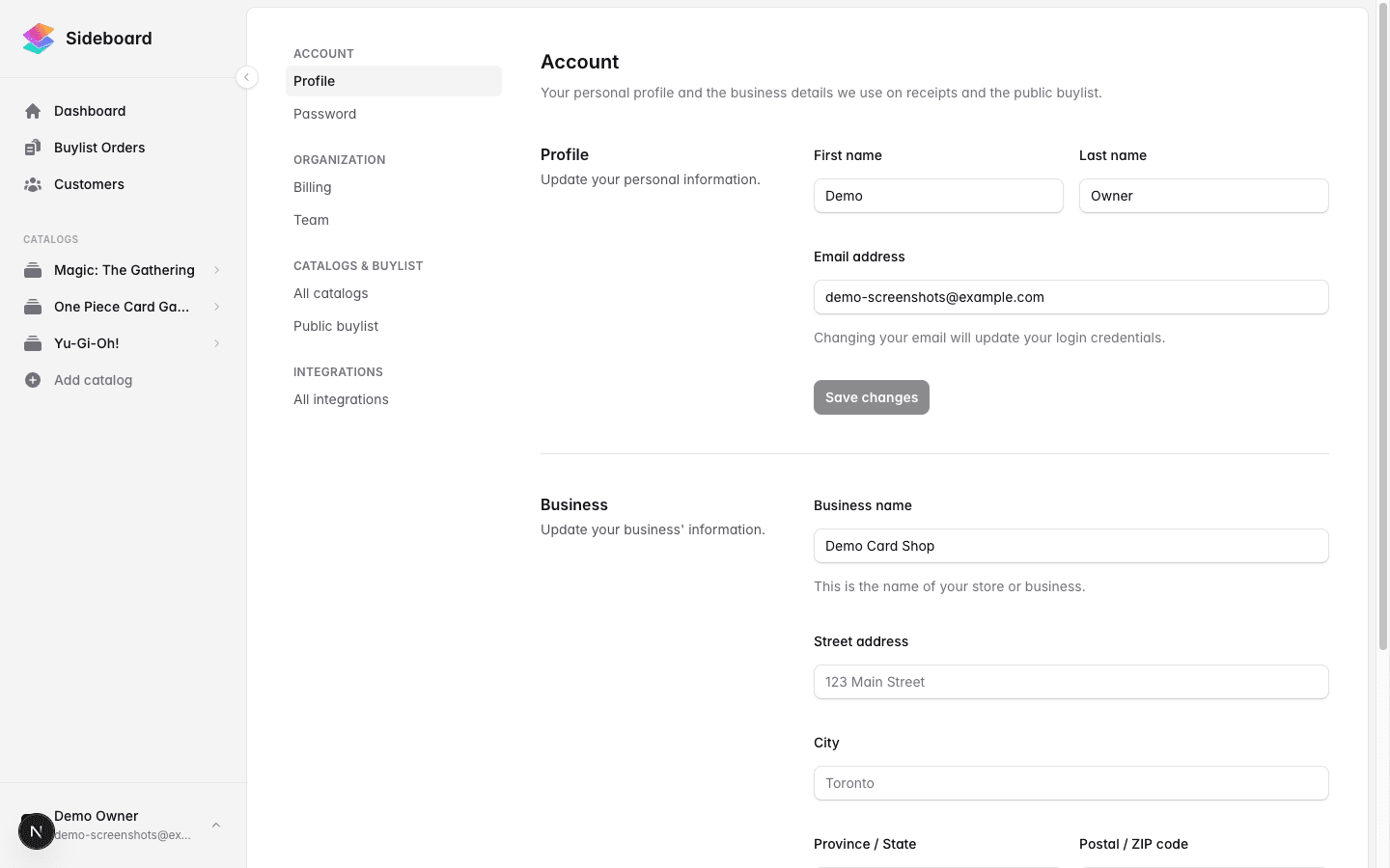 Settings and navigation in Sideboard